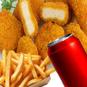 Crispy chicken nuggets and golden French-fries with a refreshing cold drink, served at Local Takeaway in Sydney